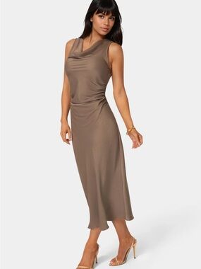 bebe Sleek Cowl Neck Midi Dress in Taupe